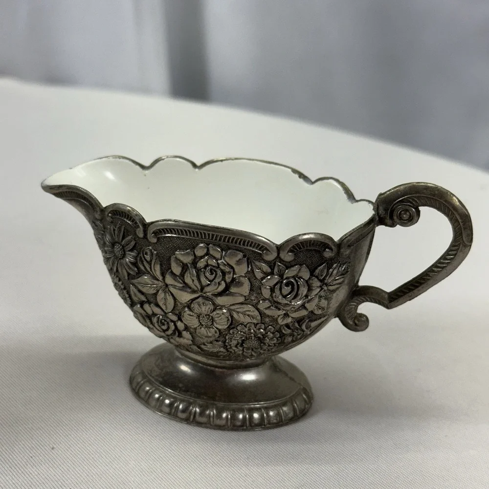 Silver Plated Creamer & Sugar‎ Bowl White Enamel Interior Roses Floral Japan
